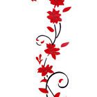 red flowers and leaves are on the side of a white background with black swirls