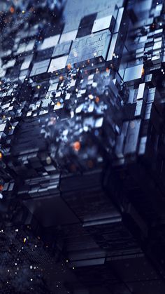 an abstract image of many cubes in black and white colors with orange lights coming from them