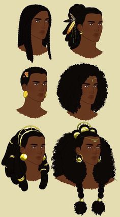 the different types of hair are shown in this drawing style, including afros and braids