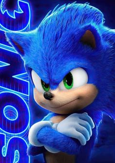 sonic the hedgehog is in front of a neon blue background with words sonic on it