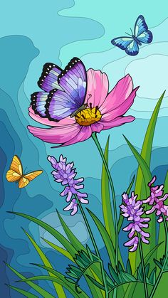 three butterflies flying over purple flowers in the sky