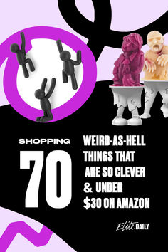 an advertisement for a clothing store with two figures in the shape of people and text reading shopping weird - as - hell things that are so clever & under $ 30 on amazon