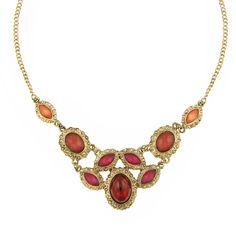 Gold-Tone Padparadscha Fuchsia Siam Red Bib Necklace 16 - 19 Inch Adjustable Golden Lace, Refined Fashion, Multi Coloured Necklaces, Golden Sunset, Red Stones, 1928 Jewelry, Vintage Inspired Jewelry, Trendy Fashion Jewelry, Golden Jewelry