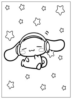 a black and white drawing of a dog with headphones in the air, surrounded by stars