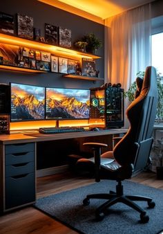 a computer desk with two monitors and a chair in front of the monitor is lit up