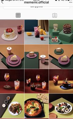 a collage of photos showing different types of food and drinks on the same table