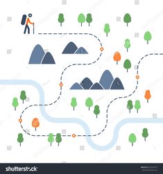 a map with mountains and trees on the side, in flat style for travel or camping