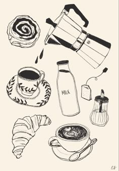 Coffee, tea and pastries illustration in black and white Digital Ink Illustration, Digital Journal Design, Sketch Wall Art, Coffee Inspired Art, Cafe Illustration Drawing, Digital Doodles, Cafe Illustration Aesthetic, Ink Illustration, Coffee Drawing Aesthetic