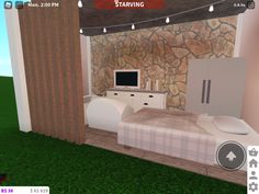 a virtual bedroom with a bed, dresser and tv in it's center area