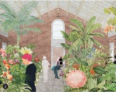 an artist's rendering of people walking through a greenhouse filled with plants and flowers