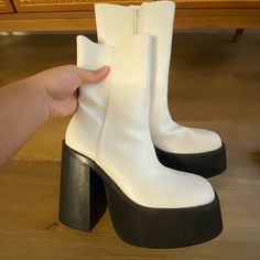 Beautiful White Boots With Black Platform. Pleather Material. Size Uk 7 Is 9. Heel 5” Platform 2”. White Faux Leather Platform Boots, White Platform Boots, White Platforms, White Platform, White Boots, Black Platform, Wedding Outfits, Platform Boots, Cute Shoes