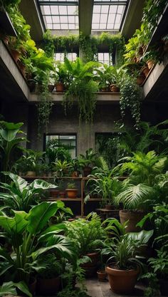 a room filled with lots of green plants and potted plants on top of windowsills