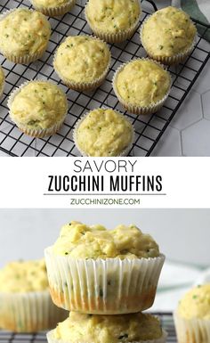 zucchini muffins stacked on top of each other with the words savory zucchini muffins above them