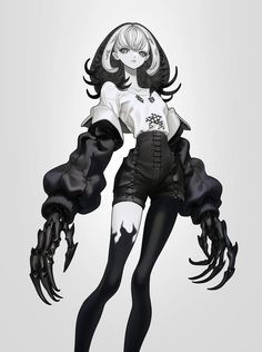 a woman in black and white clothes with claws on her legs