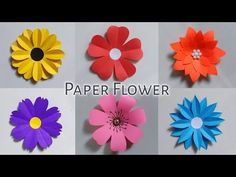 paper flowers are arranged in different colors and sizes