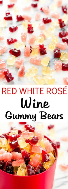 red white and rose wine gummy bears in a bowl with text overlay that says red white rose wine gummy bears