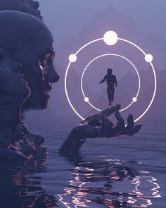 a man standing on top of a body of water next to a giant alien head