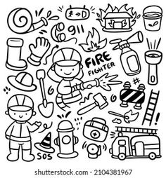 black and white fireman doodles with different types of things to do in the background