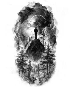 a man standing on top of a mountain surrounded by trees and clouds with the moon in the background