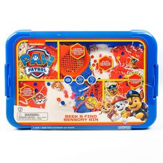 a blue and red plastic lunch box with paw patrol stickers on it