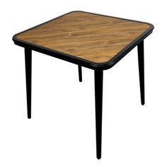 a wooden table with black legs and a square top on an isolated white background,