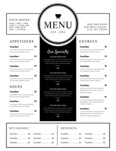 a black and white menu for a restaurant