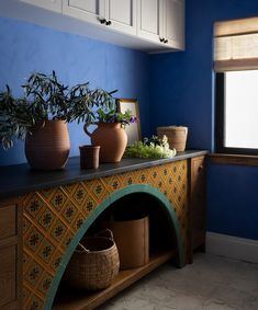 a room with blue walls and potted plants on the counter top next to a window