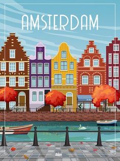 an illustrated cityscape with the words amsterdam on it