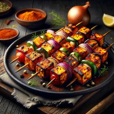 several skewers of food on a plate with various spices and seasonings around them