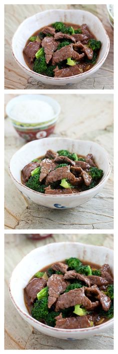 two pictures of beef and broccoli in a bowl