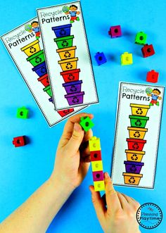 two hands holding colorful blocks with the words patterning and matching them in different colors