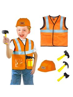 a young boy wearing an orange safety vest and hard hat with construction equipment around him