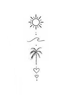 a drawing of a palm tree and the sun with two hearts on it's side