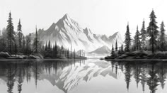 a black and white photo of mountains, trees, and the water is still calm