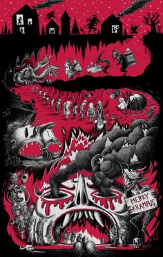 an image of a black and red poster with monsters on it's face in the middle