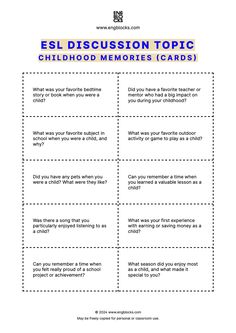 the esl discussion topic for children's memorys cards, which include two different words