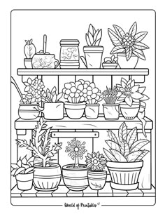 a shelf full of potted plants and flowers coloring pages for kids to print out