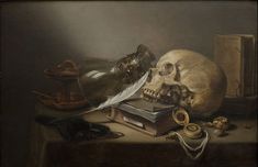 a still life with a skull, books and other items