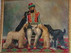 a painting of a man sitting on top of two dogs in front of another dog