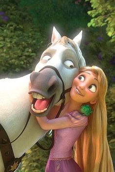 rap and rappi hugging each other in front of a white horse with its mouth open