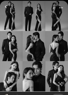 black and white photos of people in formal wear, posing for the camera with their arms around each other