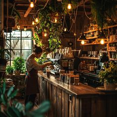 a person standing in front of a counter with plants hanging from the ceiling and potted plants on the wall