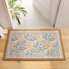 a door mat on the floor in front of an open door with a potted plant next to it