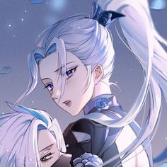 two anime characters with white hair and blue eyes, one is holding the other's head