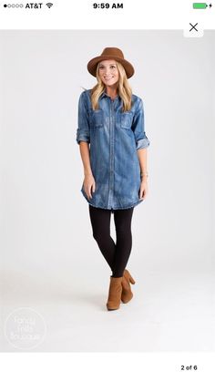 Denim Tunic With Leggings, Jean Tunic Outfit, Jean Dress With Leggings, Blue Jean Dress With Leggings, Denim Dress Outfit Ideas Fall, Winter Denim Dress Outfit, Long Jean Shirt Outfit