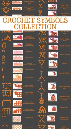 an orange and black poster with different symbols on it's back side, including the words crochet symbols collection