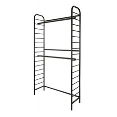 a black metal ladder with two shelves on each side and one shelf above the other