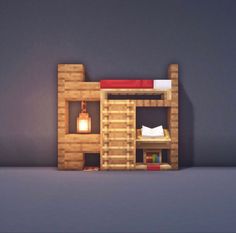 a room with a bed and shelves made out of wood, in the shape of a house