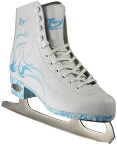 a pair of ice skates with blue and white designs