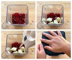 four pictures show the process of making fruit salad in a blender, including strawberries and bananas